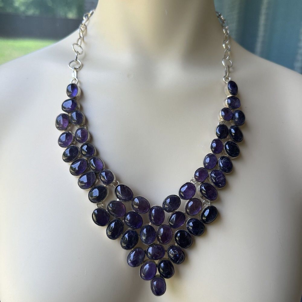 Vintage Statement Bib Necklace Sterling‎ Silver 925 Amethyst Purple Cabs 123.1 g